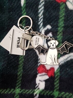 PINK Victoria's Secret White Glow Dog Keychain with Black Bat Wings